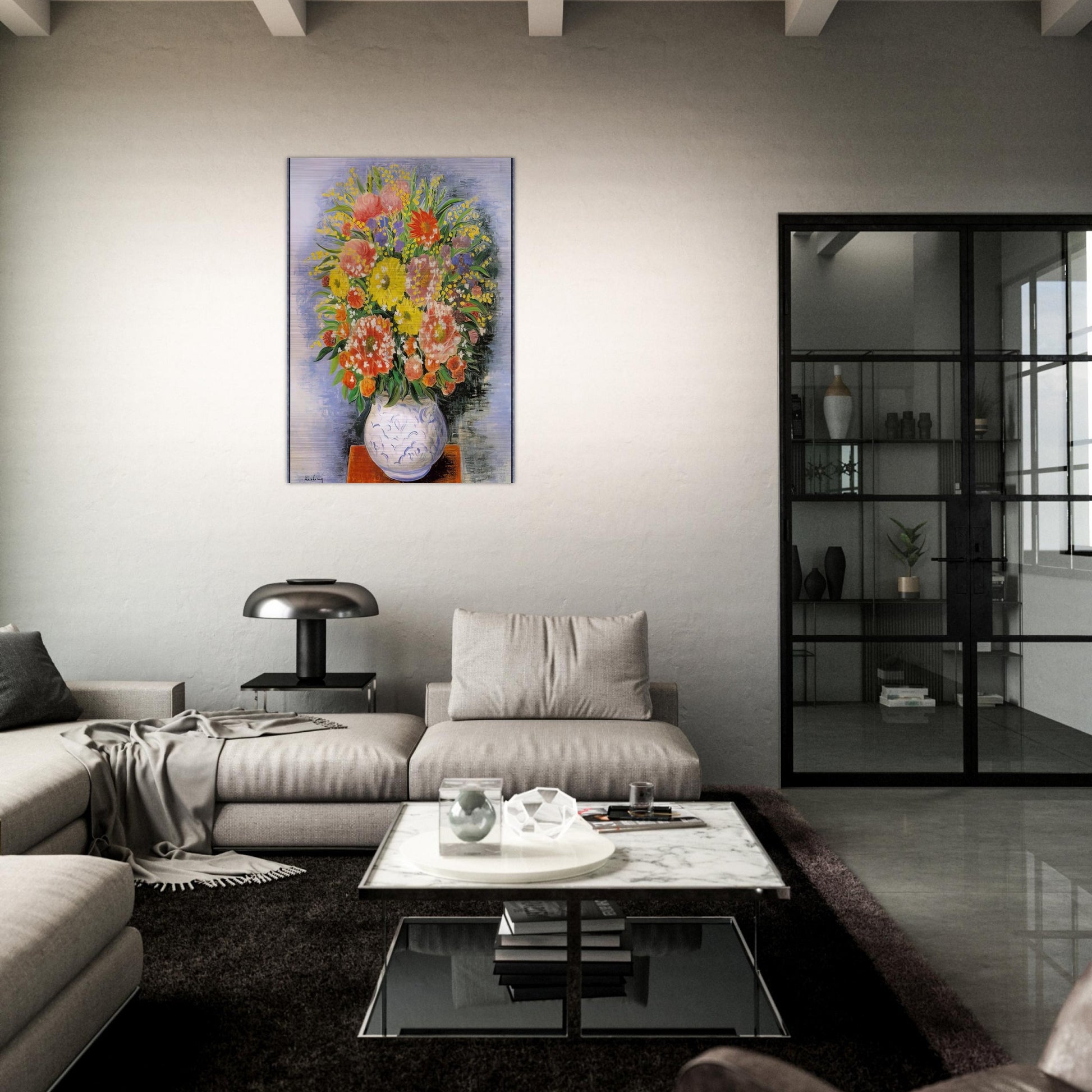 BOUQUET OF VARIOUS FLOWERS AND MIMOSA - Moise Kisling Brushed Aluminum Print - 70x100 cm / 28x40 inches | Moise Kisling Aluminum Print | Moise Kisling Prints