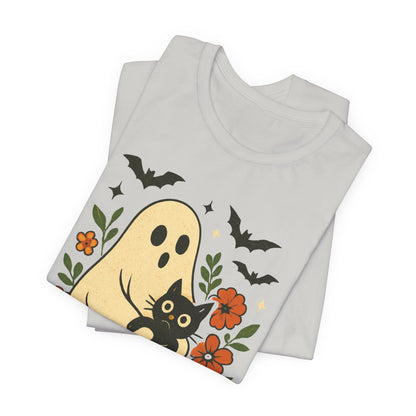 Fantôme effrayant tenant un chat noir Floral psychédélique Halloween