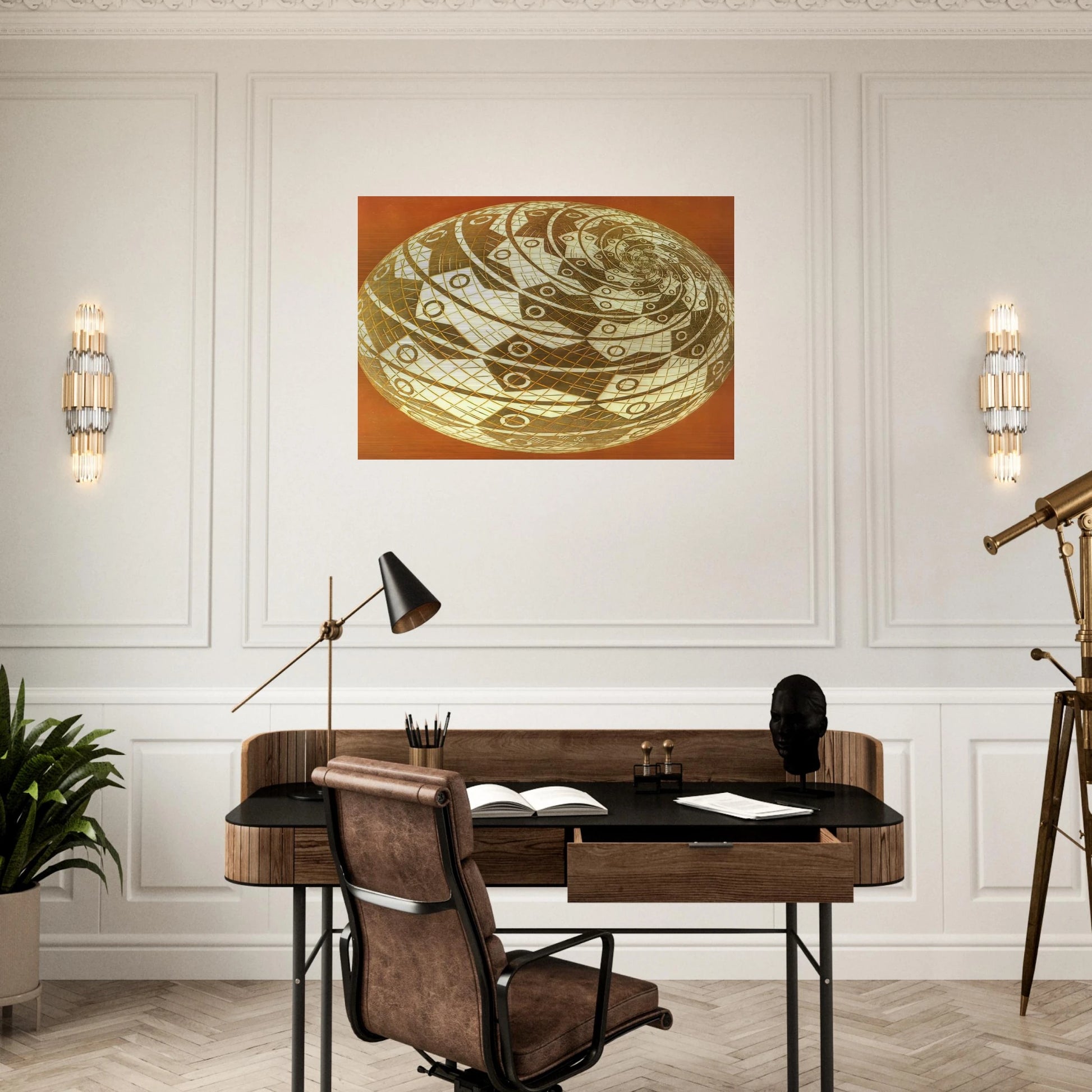 SPHERE SURFACE WITH FISHES COLOUR - MC Escher Brushed Aluminum Print - 70x100 cm / 28x40 inches | MC Escher Aluminum Print | MC Escher Prints