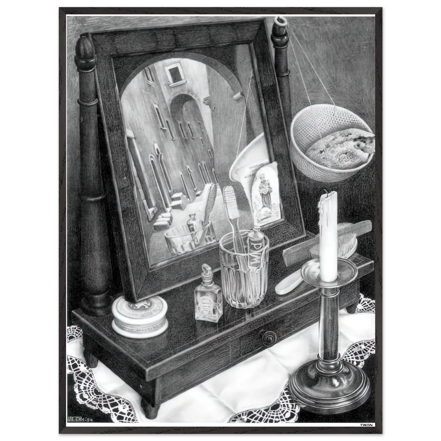 MC Escher - CANDLE MIRROR Wall Art - 30x40 cm / 12x16 inches - Premium Wooden Framed Poster With Fine Art Paper-canvas - Black frame