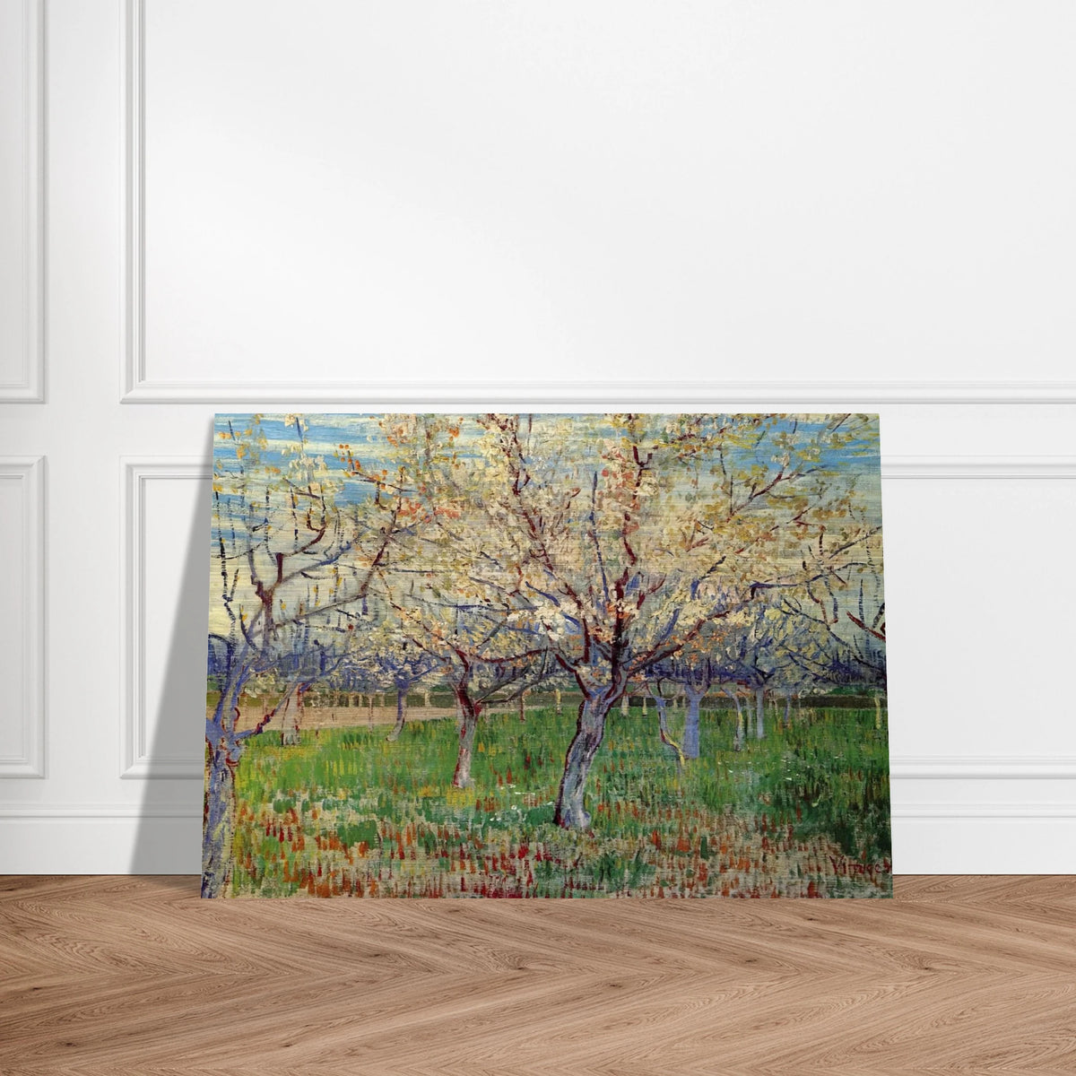 Orchard with Blossoming Apricot Trees - Vincent van Gogh Brushed Aluminum Print - 70x100 cm / 28x40 inches | Vincent van Gogh Aluminum Print | Vincent van Gogh Prints