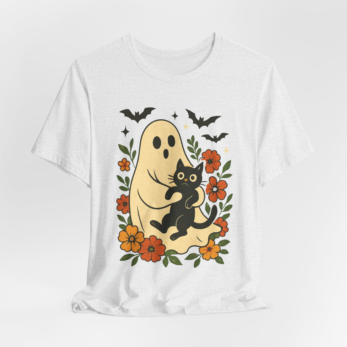 Fantôme effrayant tenant un chat noir Floral psychédélique Halloween