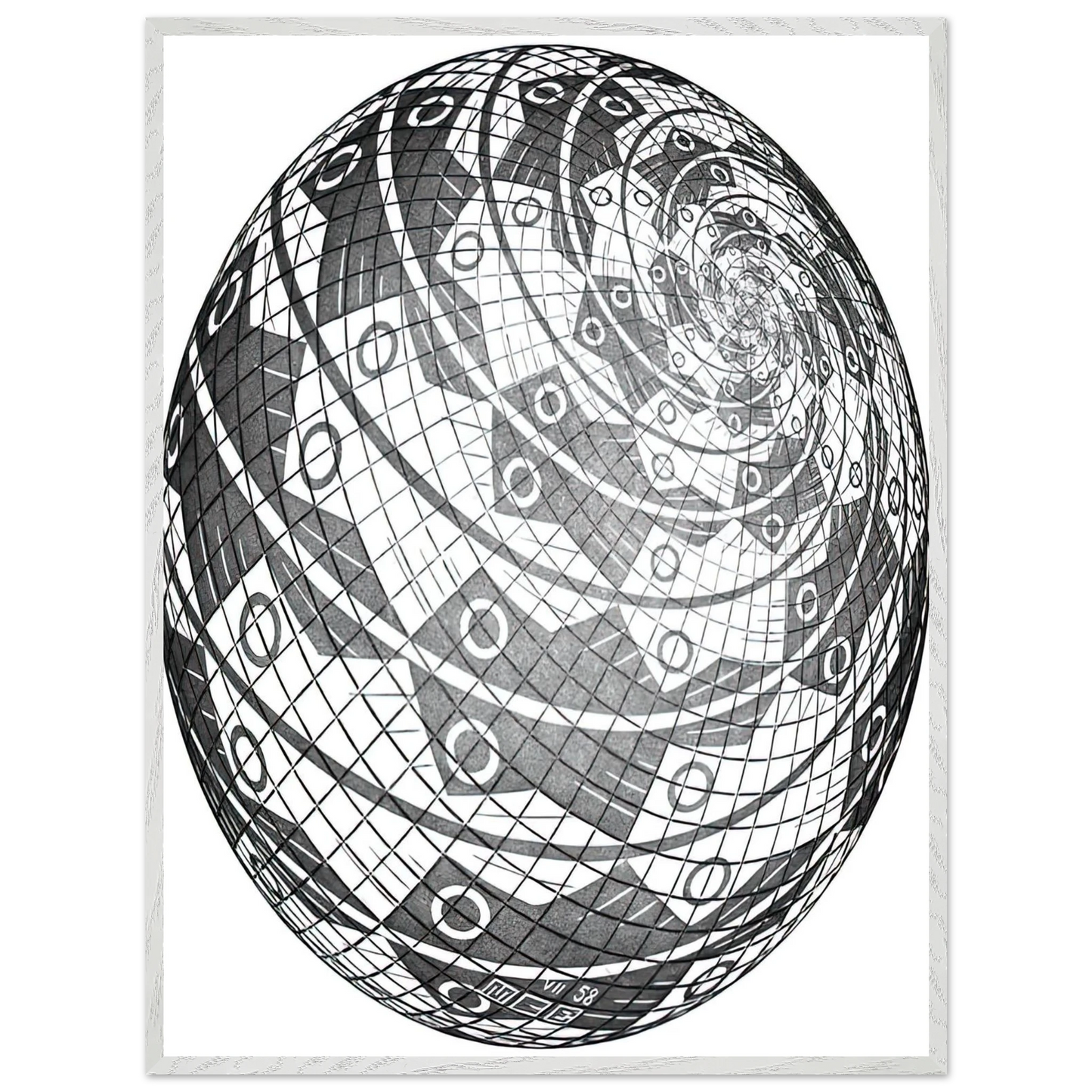 MC Escher - SPHERE SURFACE WITH FISHES Wall Art - 30x40 cm / 12x16 inches - Premium Wooden Framed Poster With Fine Art Paper-canvas - White frame