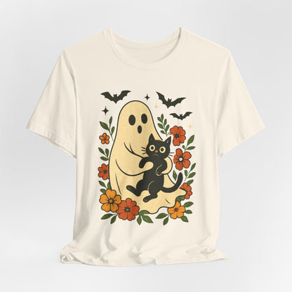 Fantôme effrayant tenant un chat noir Floral psychédélique Halloween