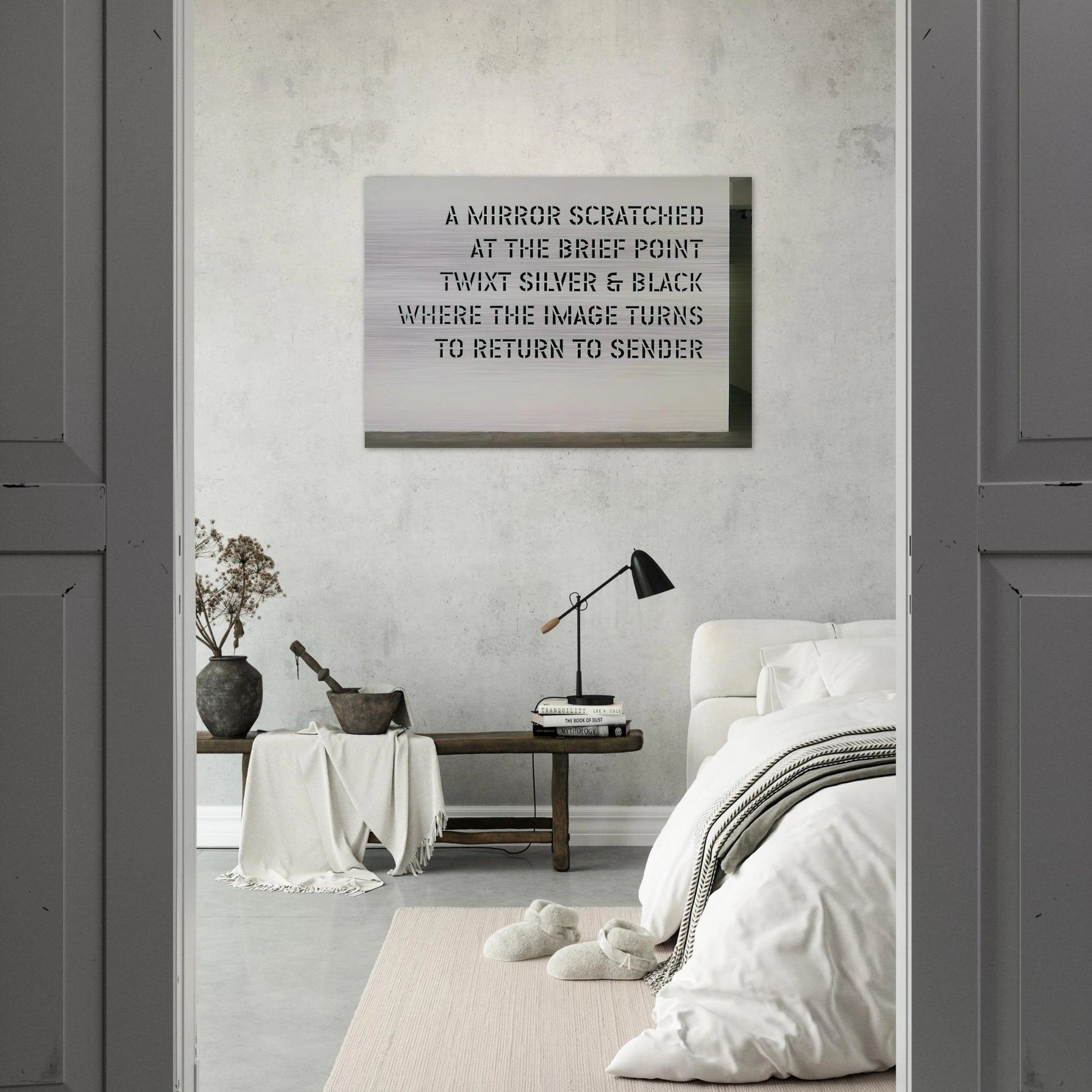 A Mirror Scratched... - 2004 - Lawrence Weiner Brushed Aluminum Print - 70x100 cm / 28x40 inches | Lawrence Weiner Aluminum Print | Lawrence Weiner Prints