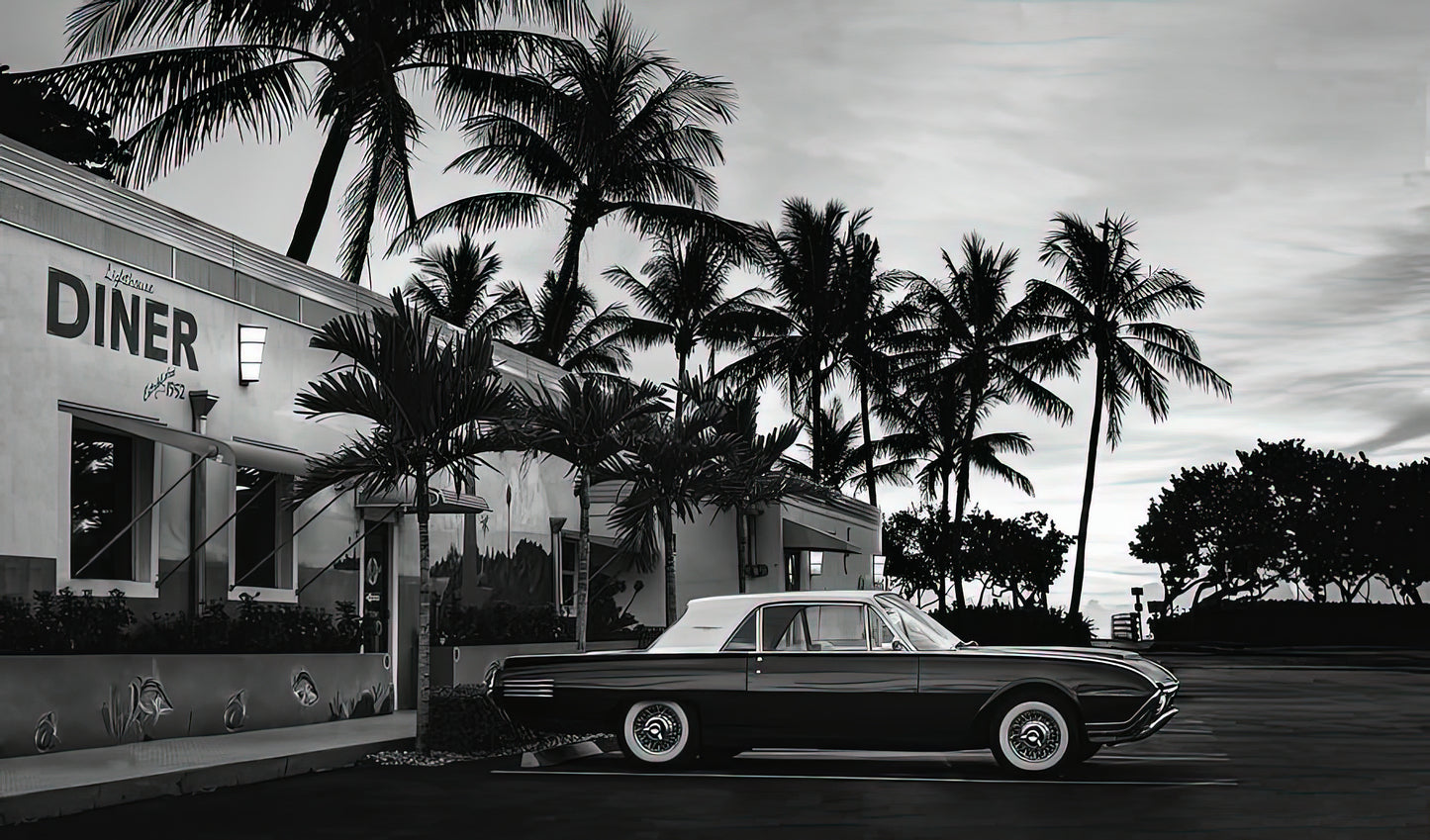 1950 T-Bird Art Print | Classic Car & Diner Scene | RedKalion