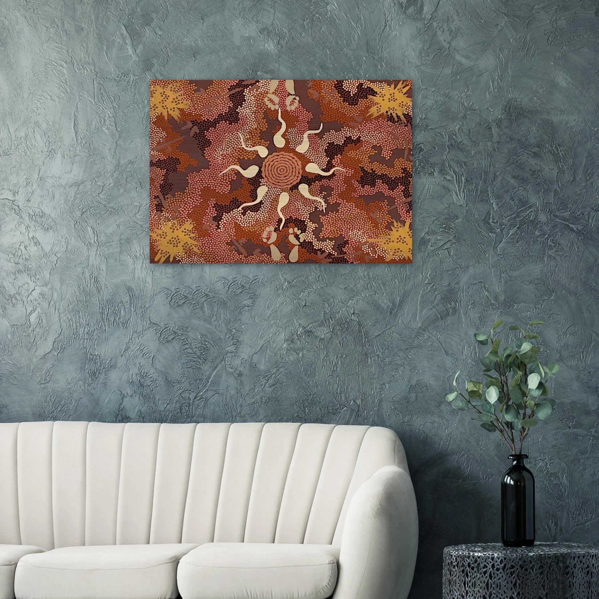 Bush Tucker and Kangaroo Dreaming at Mount Denison - 1993 - Clifford Possum Tjapaltjarri Brushed Aluminum Print - 70x100 cm / 28x40 inches | Clifford Possum Tjapaltjarri Aluminum Print | Clifford Possum Tjapaltjarri Prints