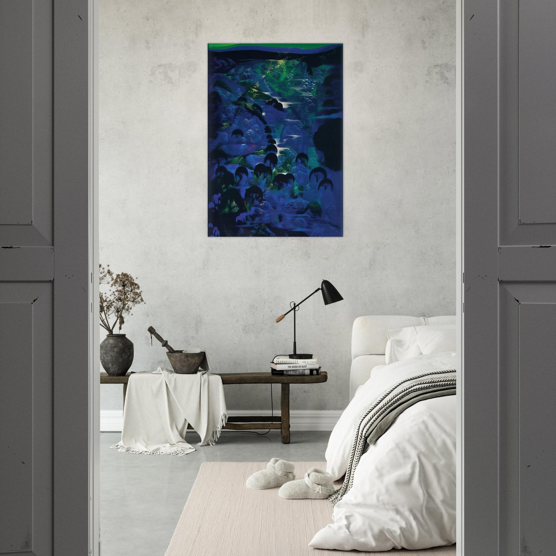 Beneath an Emerald Sky - Eyvind Earle Brushed Aluminum Print - 70x100 cm / 28x40 inches | Eyvind Earle Aluminum Print | Eyvind Earle Prints