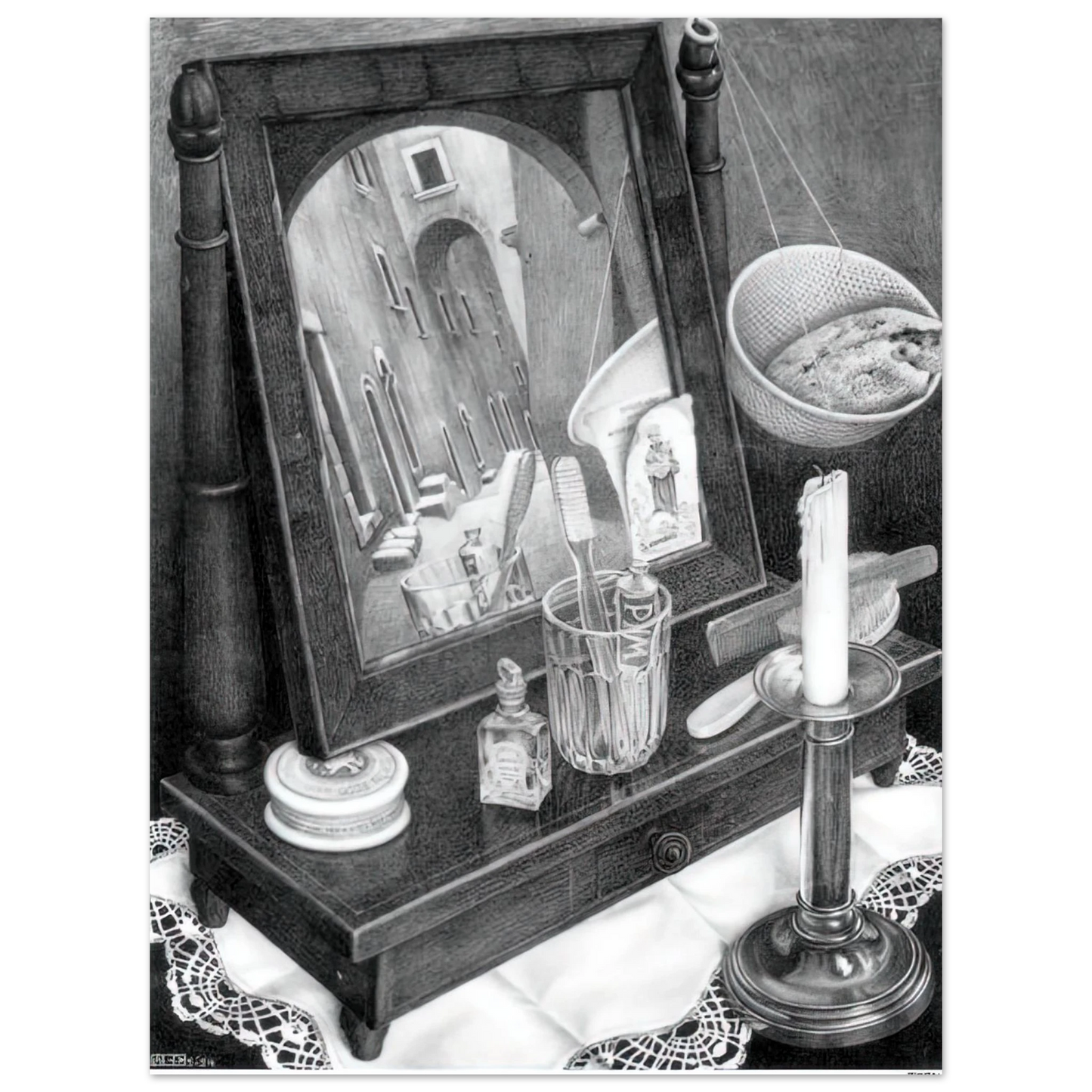 MC Escher - CANDLE MIRROR Wall Art - 30x40 cm / 12x16 inches - Premium Wooden Framed Poster With Fine Art Paper-canvas - Wood frame