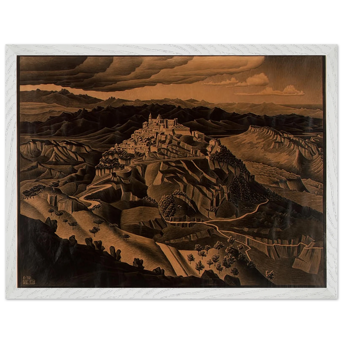 MC Escher - ITALIAN TOWN Wall Art - 21x29.7 cm / 8x12" - Premium Wooden Framed Poster With Fine Art Paper-canvas - Black frame