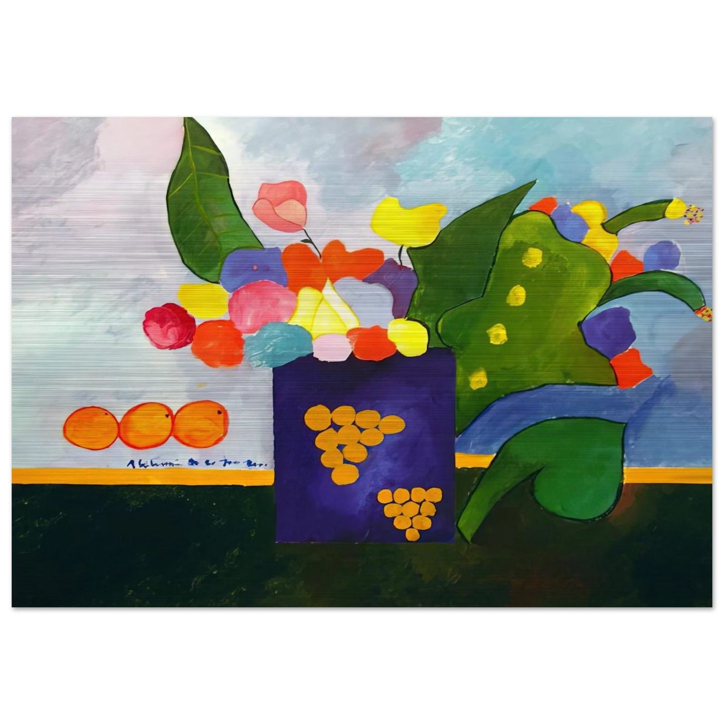 Vase With Flowers and Fruit - 2001 - Aldemir Martins Brushed Aluminum Print - 70x100 cm / 28x40 inches | Aldemir Martins Aluminum Print | Aldemir Martins Prints