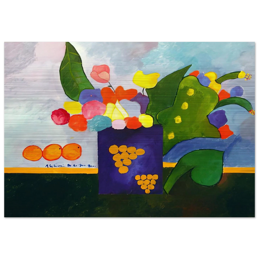 Vase With Flowers and Fruit - 2001 - Aldemir Martins Brushed Aluminum Print - 70x100 cm / 28x40 inches | Aldemir Martins Aluminum Print | Aldemir Martins Prints