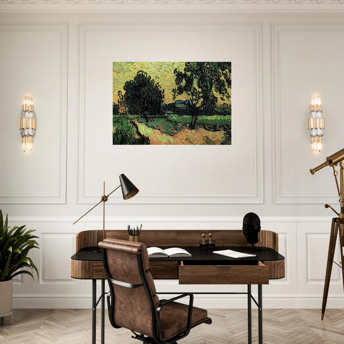 Landscape with the Chateau of Auvers at Sunset - Vincent van Gogh Brushed Aluminum Print - 70x100 cm / 28x40 inches | Vincent van Gogh Aluminum Print | Vincent van Gogh Prints