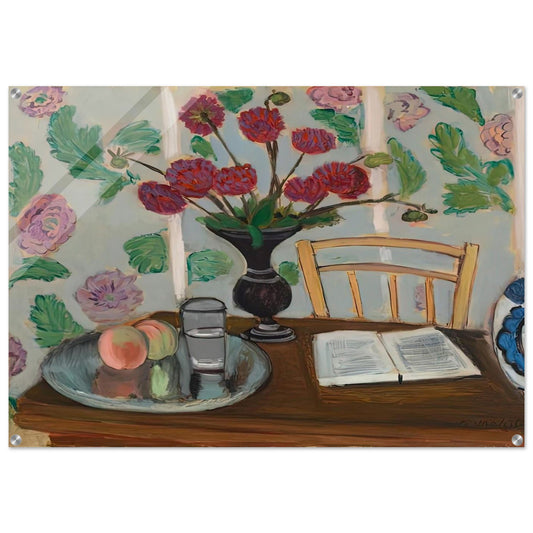 STILL LIFE BOUQUET OF DAHLIAS AND WHITE BOOK 1923 - Henri Matisse Acrylic Print - 70x100 cm / 28x40″ inches | Henri Matisse Wall Art | Henri Matisse Prints