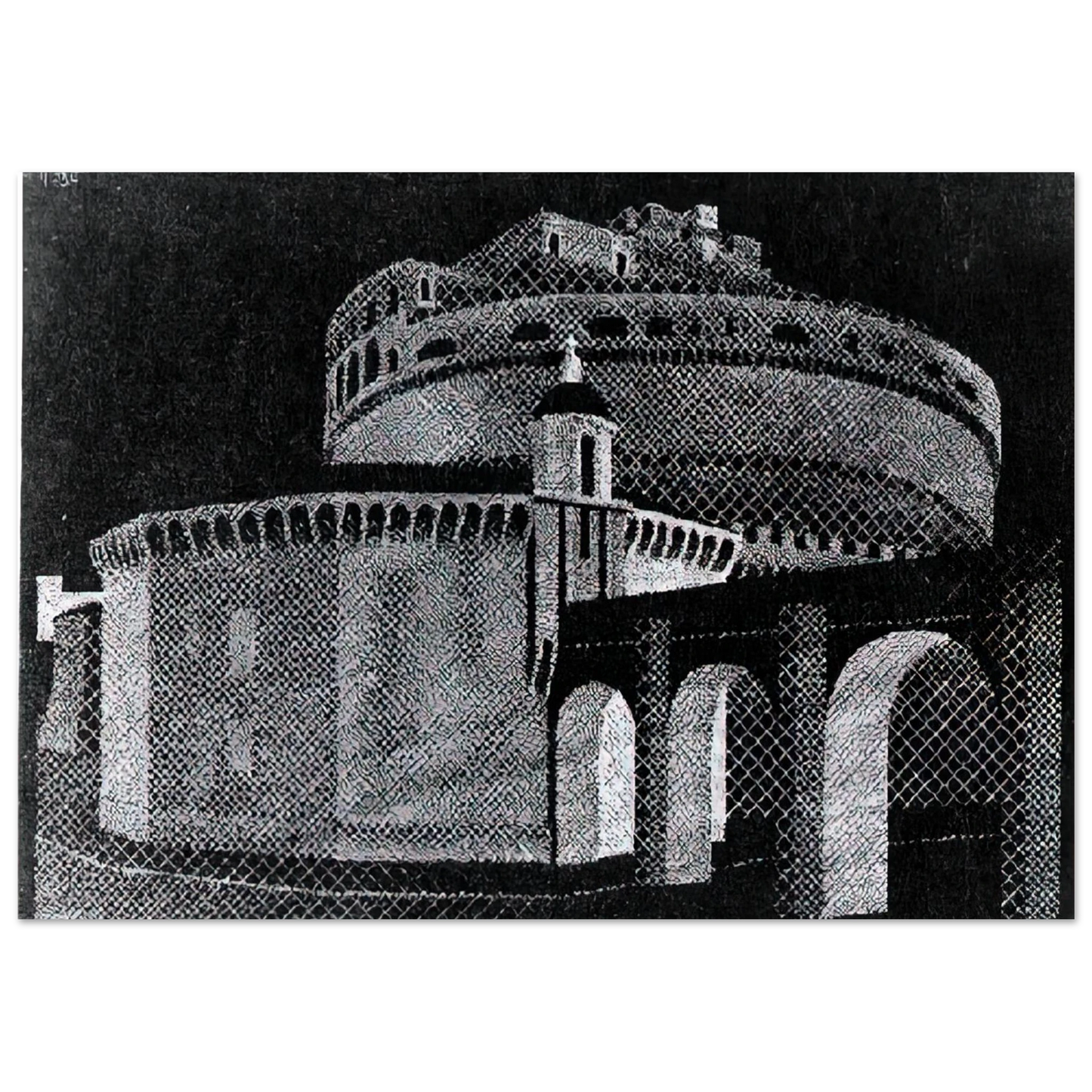 MC Escher - NOCTURNAL ROME CASTEL SANT ANGELO Wall Art - 60x80 cm / 24x32 inches - Premium Wooden Framed Poster With Fine Art Paper - Wood frame
