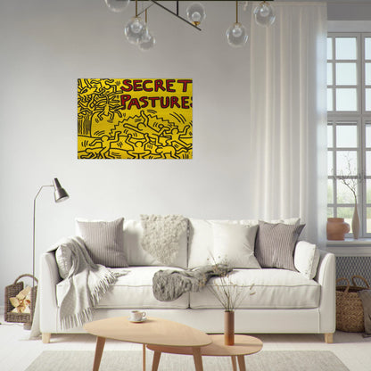 A POSTER FOR THE BILL T JONES AND ARNIE ZANE PERFORMANCE PIECE SECRET PASTURES 1984 - Keith Haring Brushed Aluminum Print - 70x100 cm / 28x40 inches | Keith Haring Aluminum Print | Keith Haring Prints