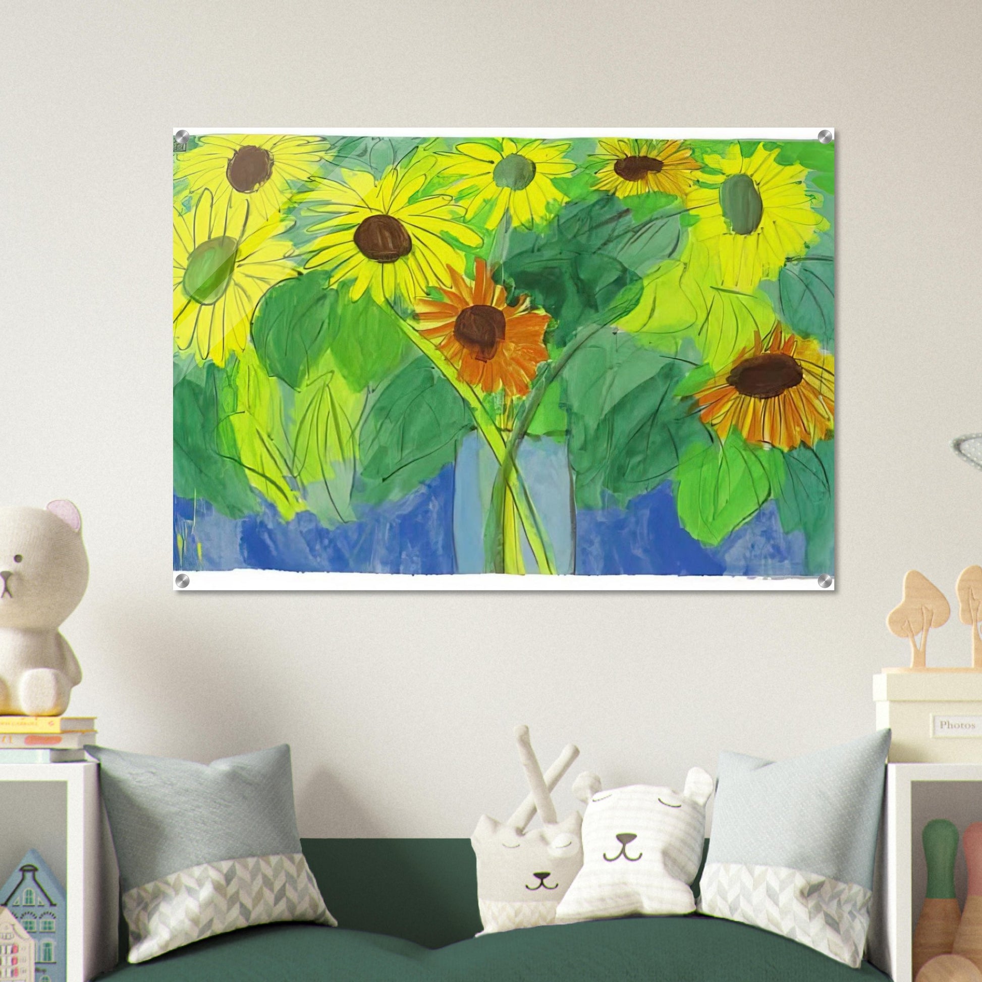 Orange and Yellow Sunflowers - Naïve Art Primitivism, Pop Art - Walasse Ting Acrylic Print - 70x100 cm / 28x40″ inches