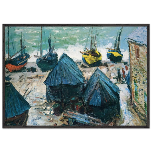 Boats on the Beach at Etretat - claude monet 70x100 cm / 28x40 inches Framed Art Print – Black Wooden Frame