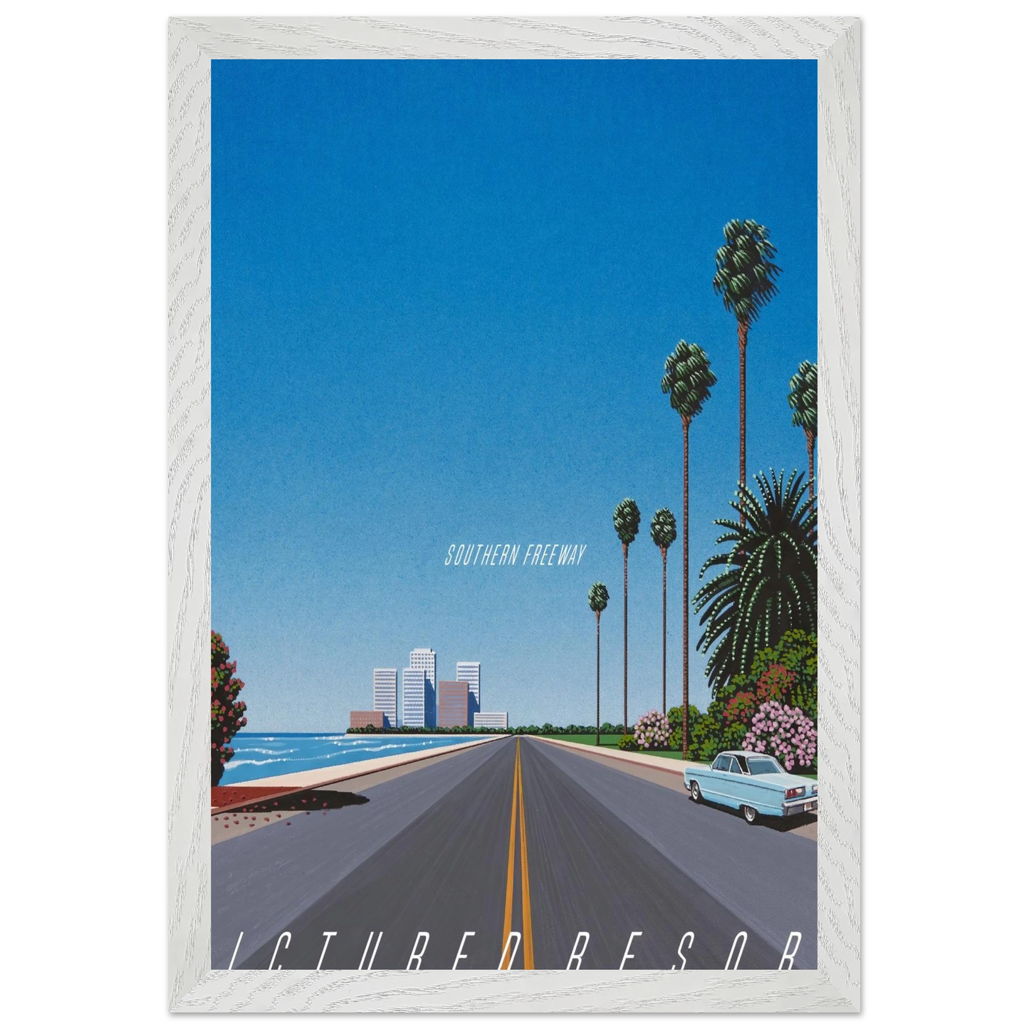 Hiroshi Nagai - Southern Freeway Pictured Resort Wall Art - 30x40 cm / 12x16 inches - Premium Wooden Framed Poster With Fine Art Paper - Black frame