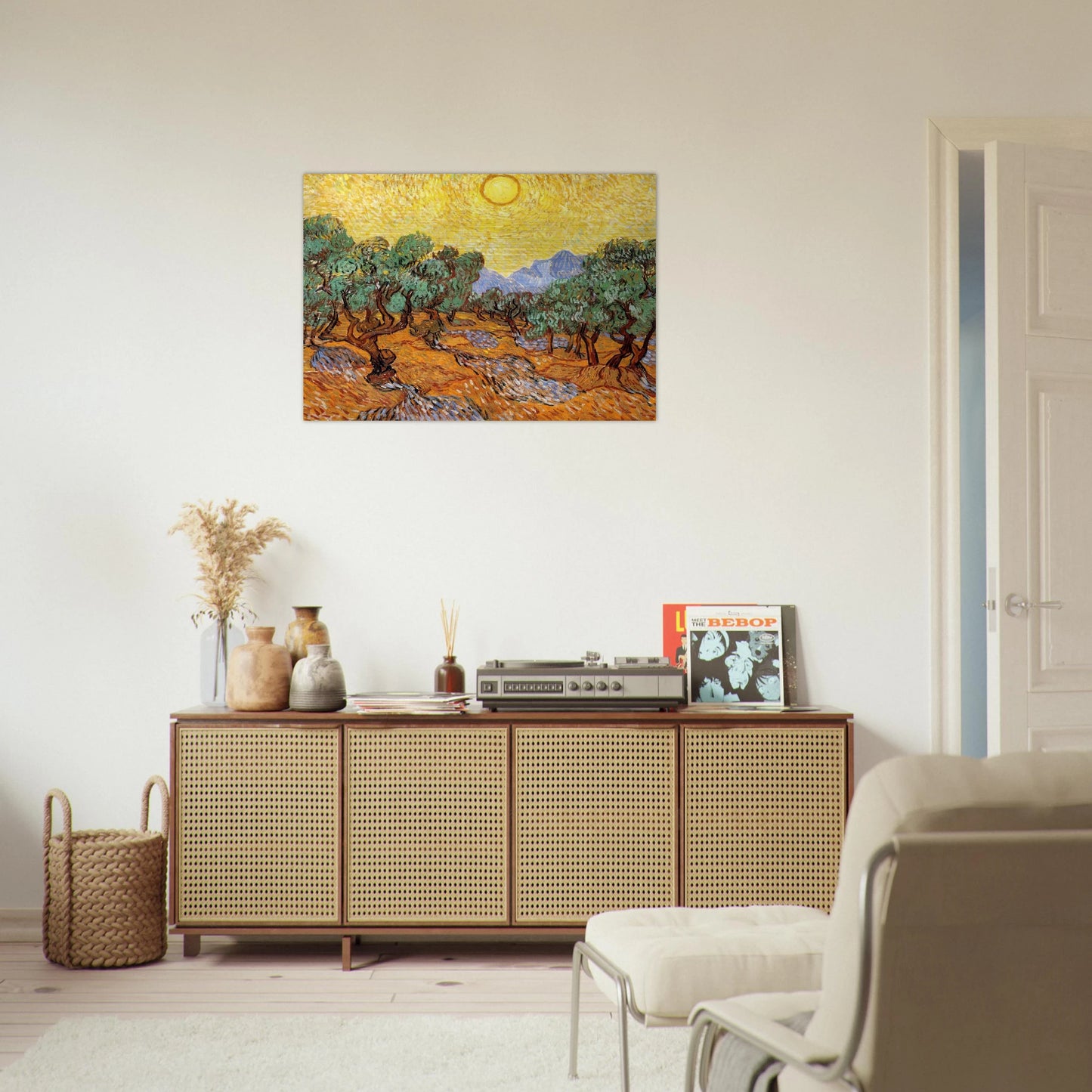 Olive Trees with Yellow Sky and Sun - Vincent van Gogh Brushed Aluminum Print - 70x100 cm / 28x40 inches | Vincent van Gogh Aluminum Print | Vincent van Gogh Prints