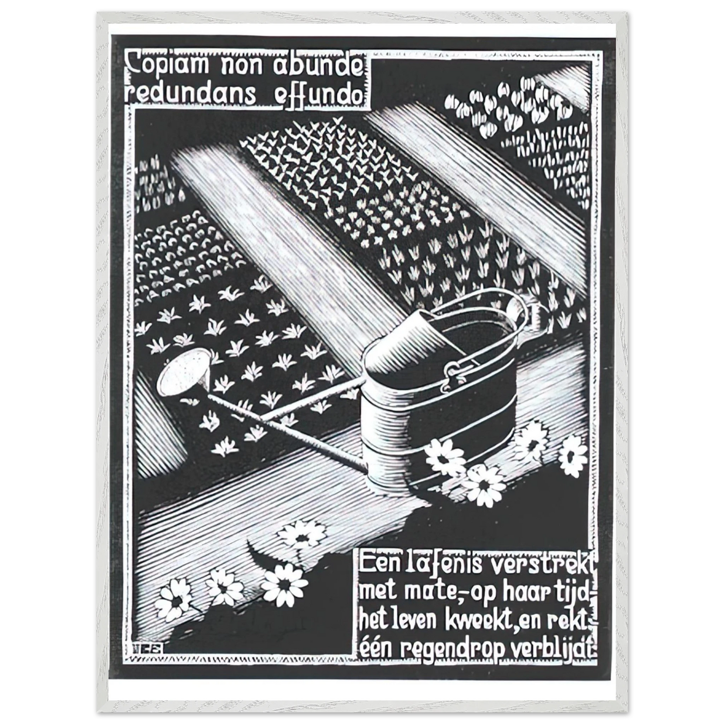 MC Escher - WATERINGCAN Wall Art - 21x29.7 cm / 8x12" - Premium Wooden Framed Poster With Fine Art Paper-canvas - Wood frame