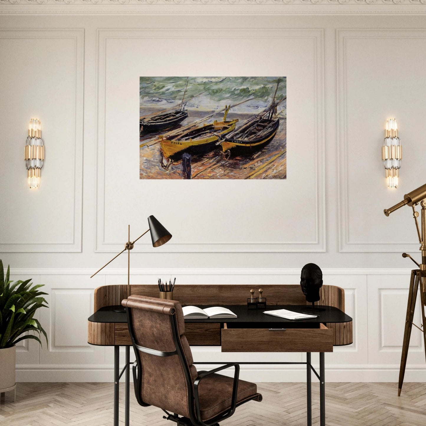 Three Fishing Boats - claude monet Brushed Aluminum Print - 70x100 cm / 28x40 inches | claude monet Aluminum Print | claude monet Prints