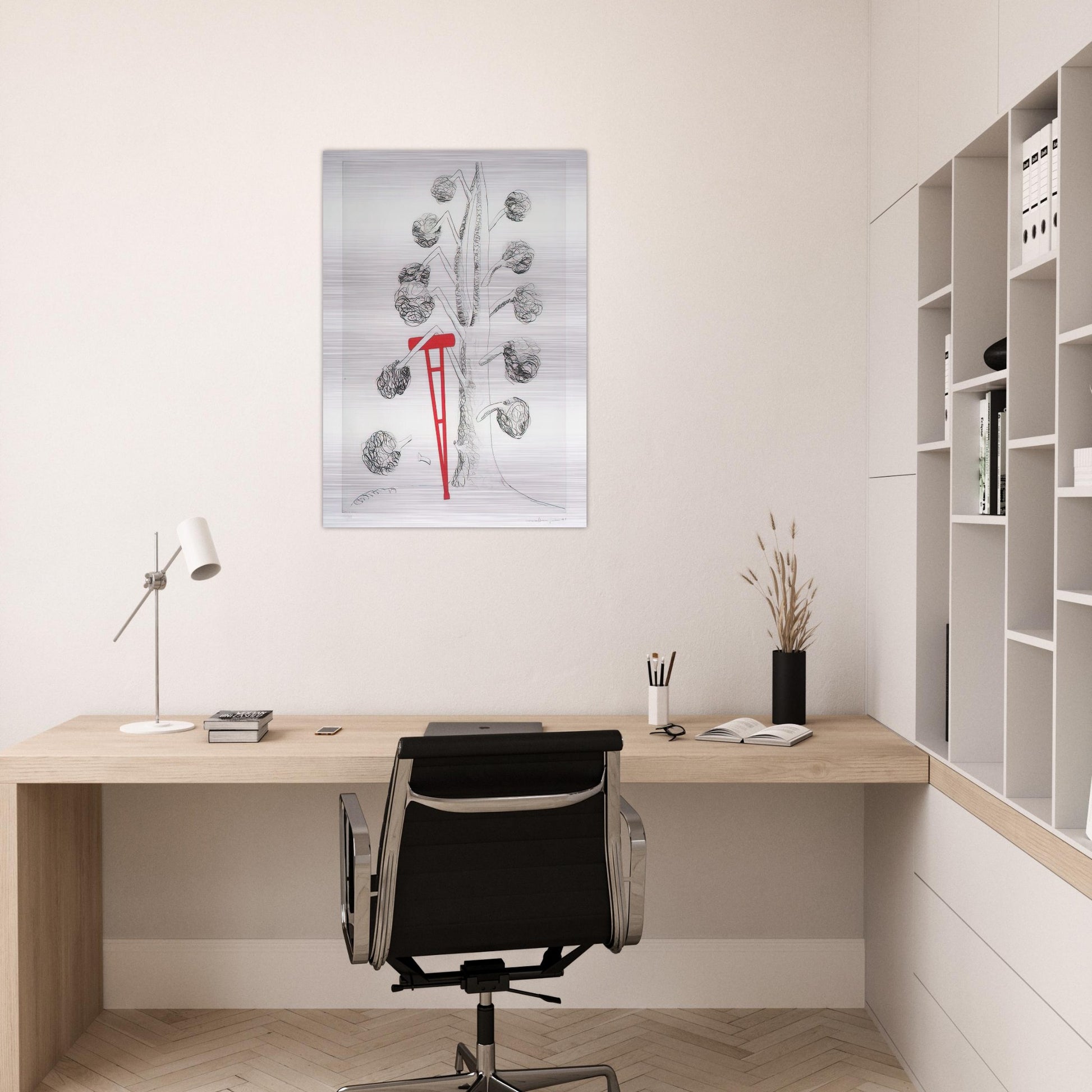 TREE WITH RED CRUTCH 1998 - Louise Bourgeois Brushed Aluminum Print - 70x100 cm / 28x40 inches | Louise Bourgeois Aluminum Print | Louise Bourgeois Prints