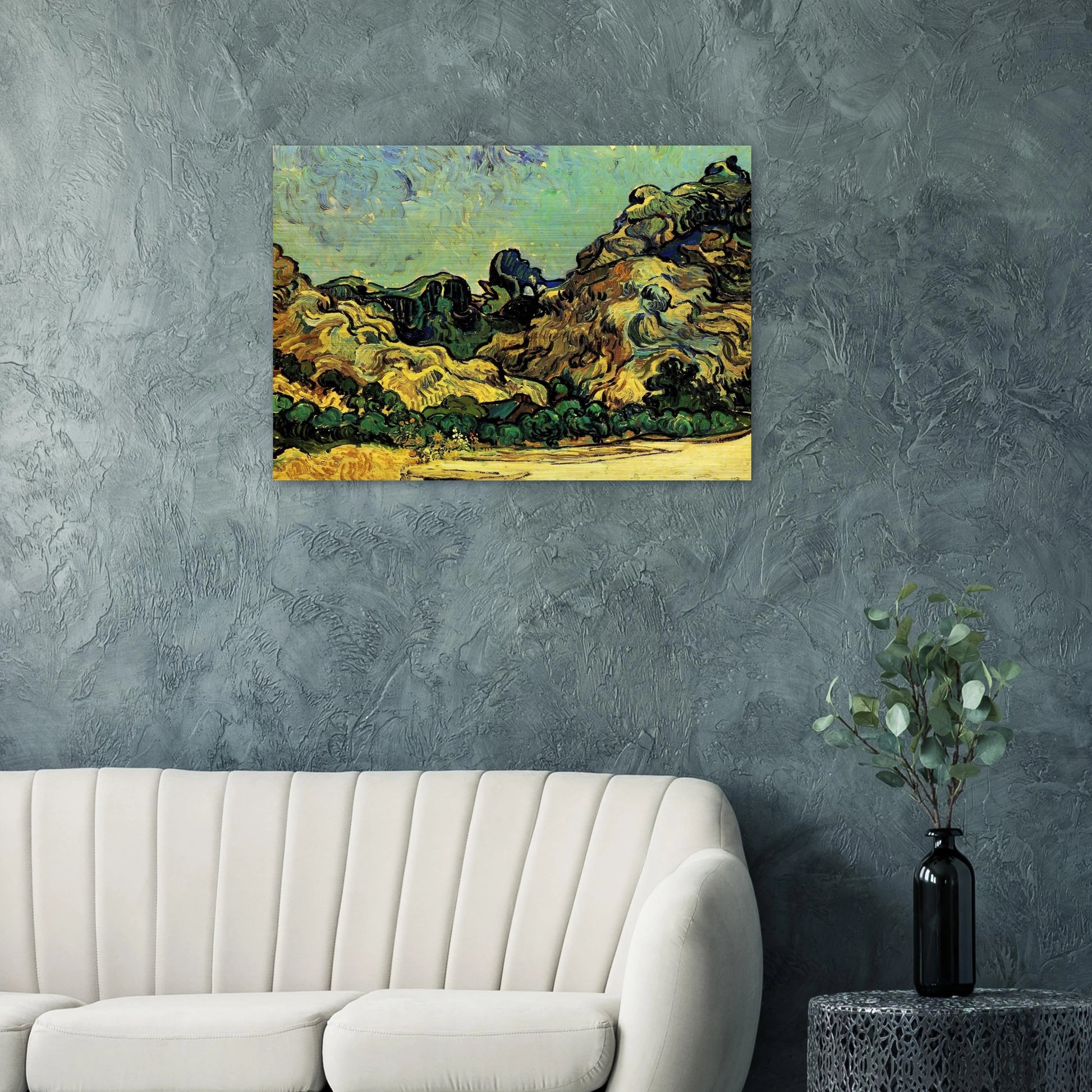 Mountains at Saint-Remy with Dark Cottage - Vincent van Gogh Brushed Aluminum Print - 70x100 cm / 28x40 inches | Vincent van Gogh Aluminum Print | Vincent van Gogh Prints
