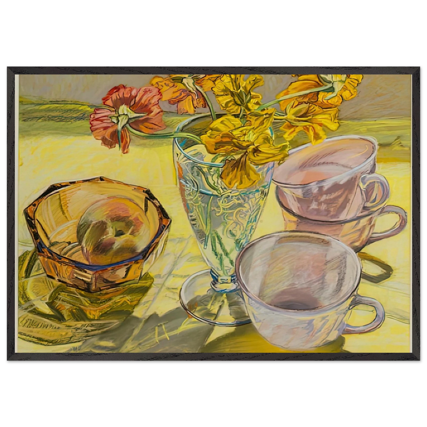 NASTURTIUMS AND PINK CUPS 1981 - Janet Fish 70x100 cm / 28x40 inches Framed Art Print – Black Wooden Frame