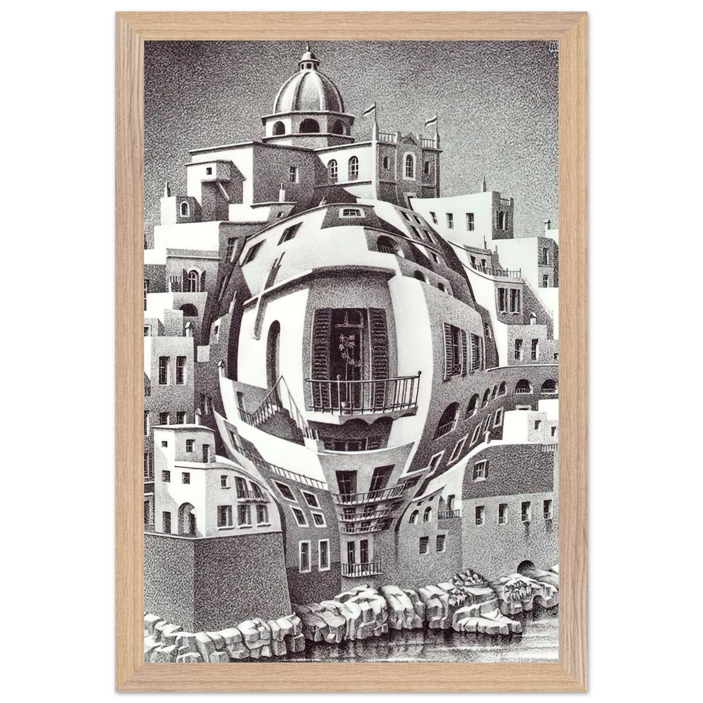 MC Escher - BALCONY Wall Art - 30x40 cm / 12x16 inches - Premium Wooden Framed Poster With Fine Art Paper-canvas - White frame