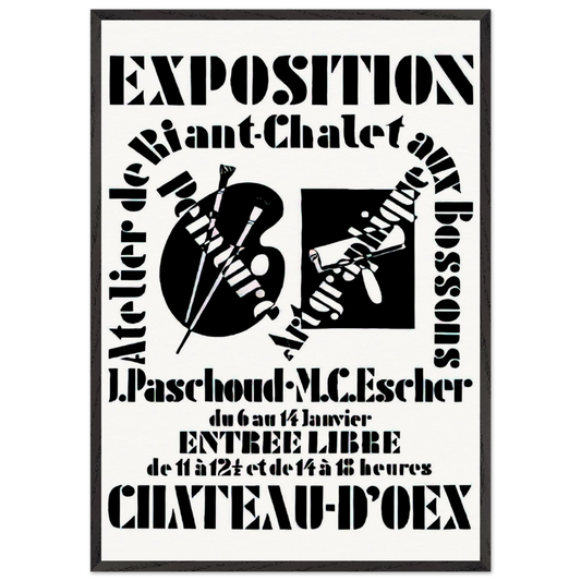 POSTER FOR EXHIBITION JOHN PASCHOUD AND M C ESCHER DECEMBER 1936 1936 - MC Escher 70x100 cm / 28x40 inches Framed Art Print – Black Wooden Frame | Maurits Cornelis Escher Prints