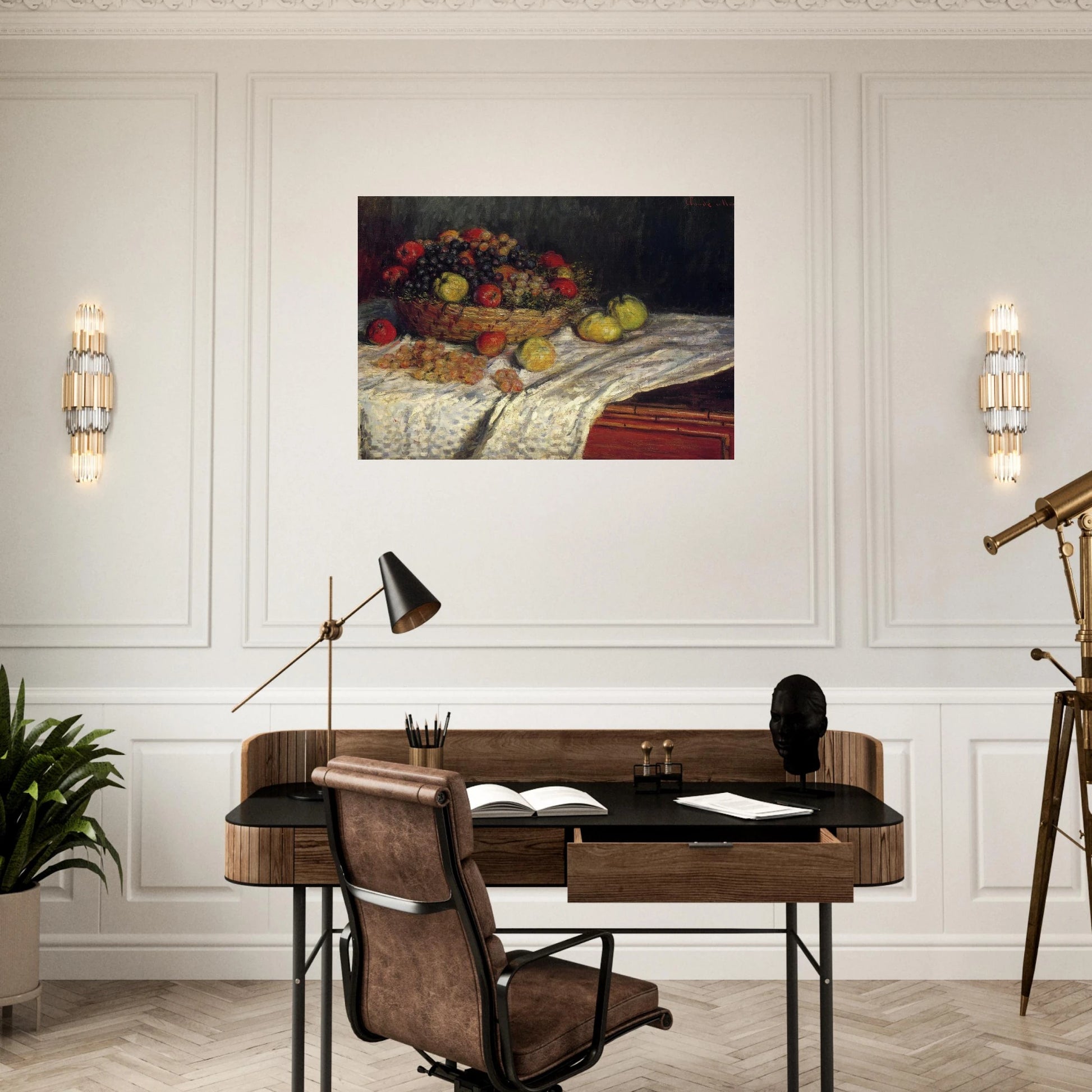 Fruit Basket with Apples and Grapes - claude monet Brushed Aluminum Print - 70x100 cm / 28x40 inches | claude monet Aluminum Print | claude monet Prints