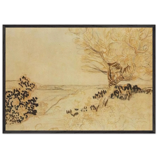 Landscape with a Tree in the Foreground - Vincent van Gogh 70x100 cm / 28x40 inches Framed Art Print – Black Wooden Frame