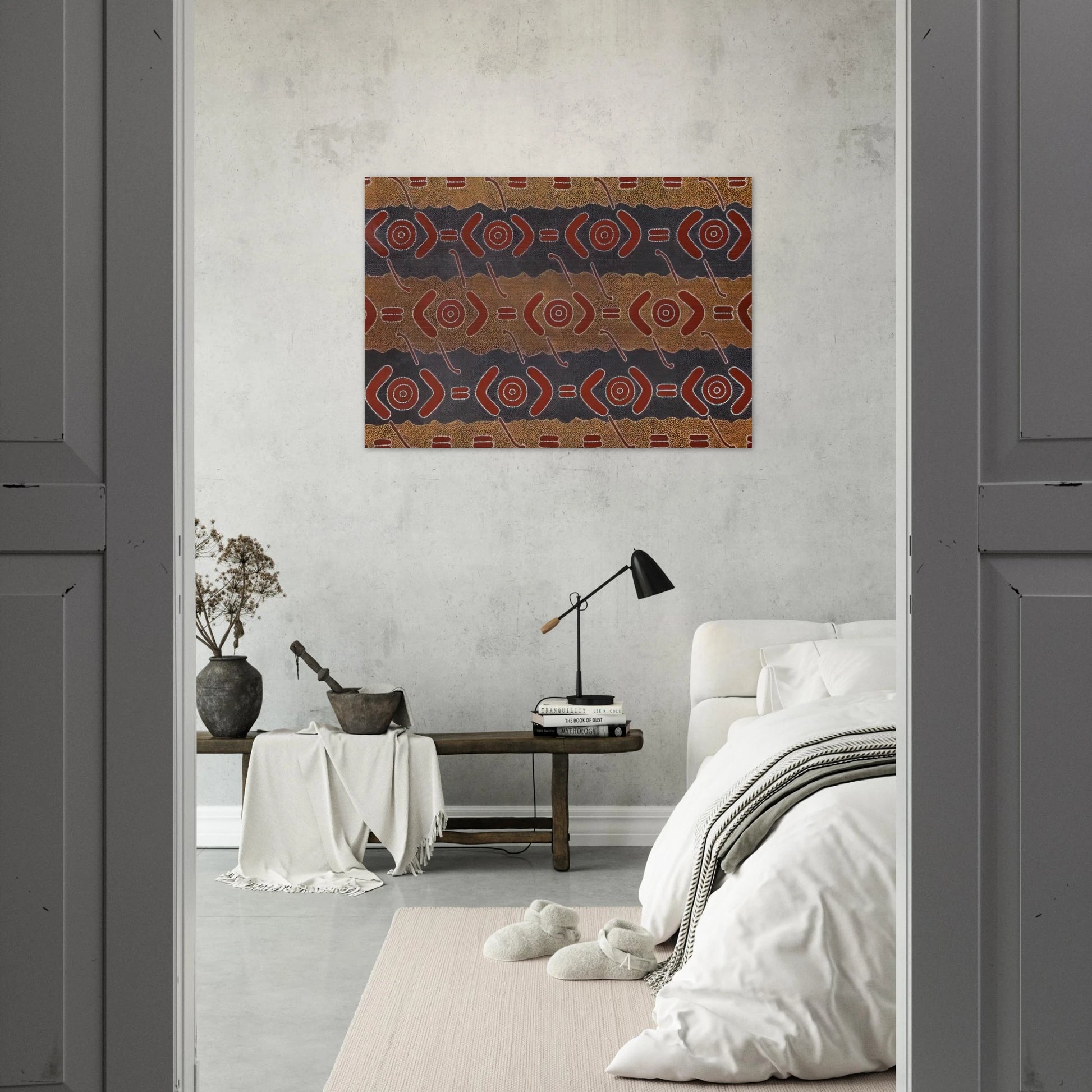 Men's Dreaming - Native Art - Clifford Possum Tjapaltjarri Brushed Aluminum Print - 70x100 cm / 28x40 inches | Clifford Possum Tjapaltjarri Aluminum Print | Clifford Possum Tjapaltjarri Prints