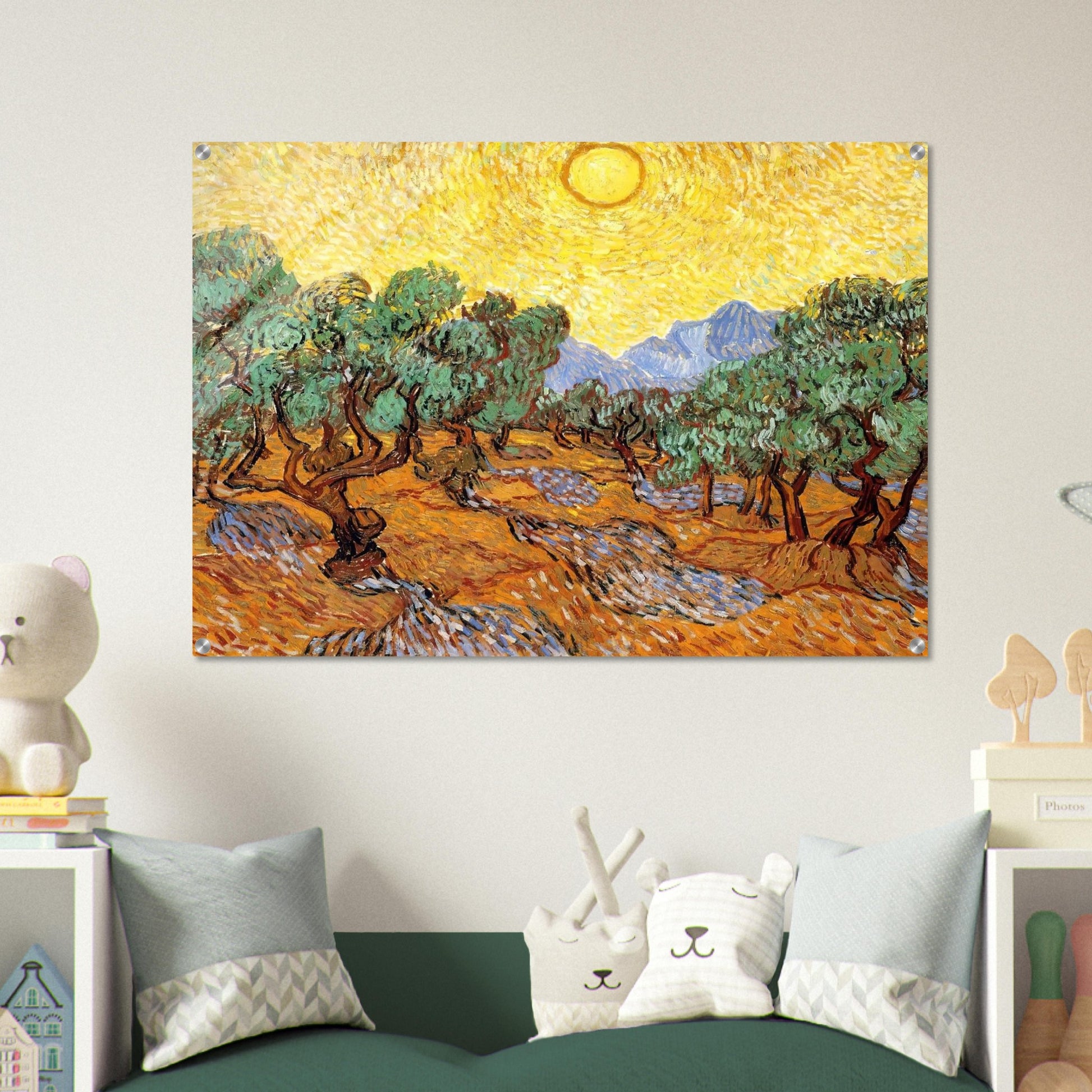 Olive Trees with Yellow Sky and Sun - Vincent van Gogh Acrylic Print - 70x100 cm / 28x40″ inches