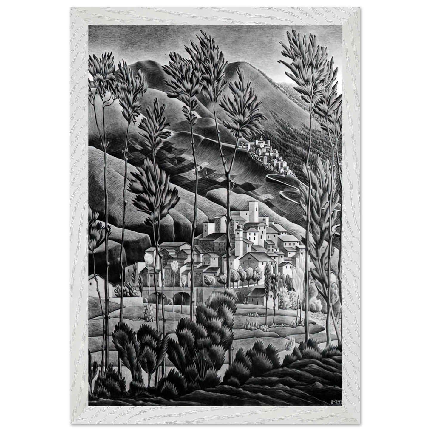 MC Escher - ALFEDENA ABRUZZI Wall Art - 30x40 cm / 12x16 inches - Premium Wooden Framed Poster With Fine Art Paper - Wood frame