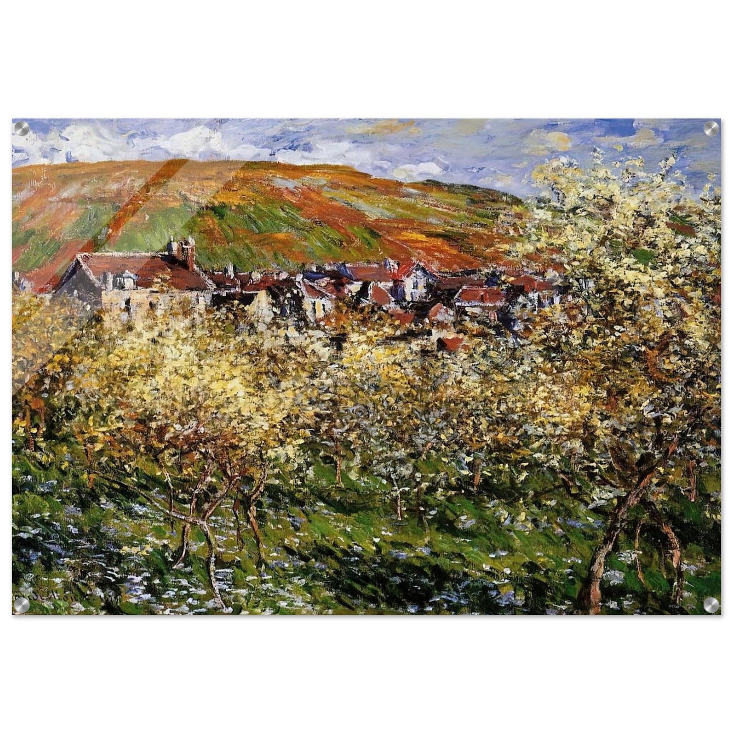 Plum Trees in Blossom at Vetheuil - claude monet Acrylic Print - 70x100 cm / 28x40″ inches | claude monet Wall Art | claude monet Prints