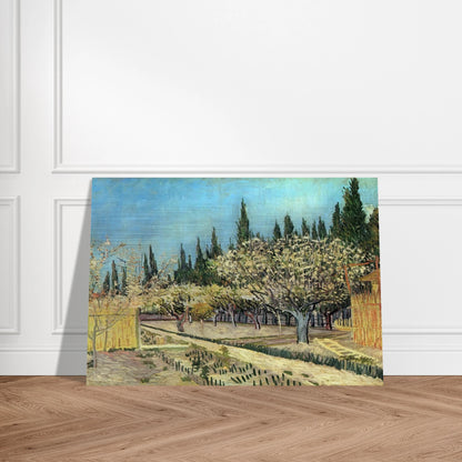 Orchard in Blossom, Bordered by Cypresses - Vincent van Gogh Brushed Aluminum Print - 70x100 cm / 28x40 inches | Vincent van Gogh Aluminum Print | Vincent van Gogh Prints