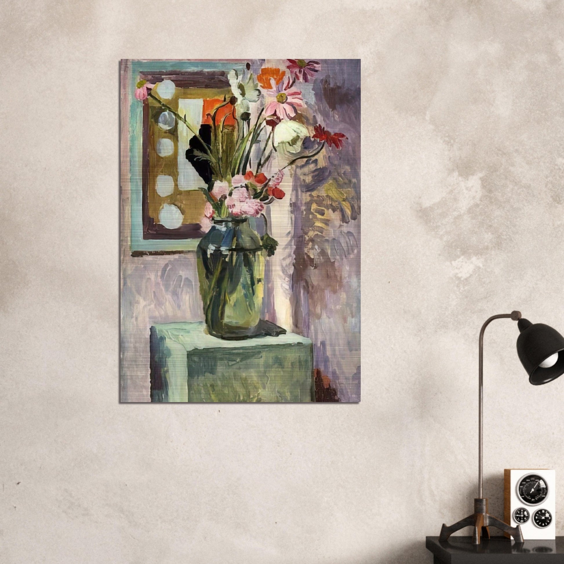 FLOWERS IN A GLASS VASE WITH ABSTRACT NEEDLEWORK DESIGN - Vanessa Bell Brushed Aluminum Print - 70x100 cm / 28x40 inches | Vanessa Bell Aluminum Print | Vanessa Bell Prints