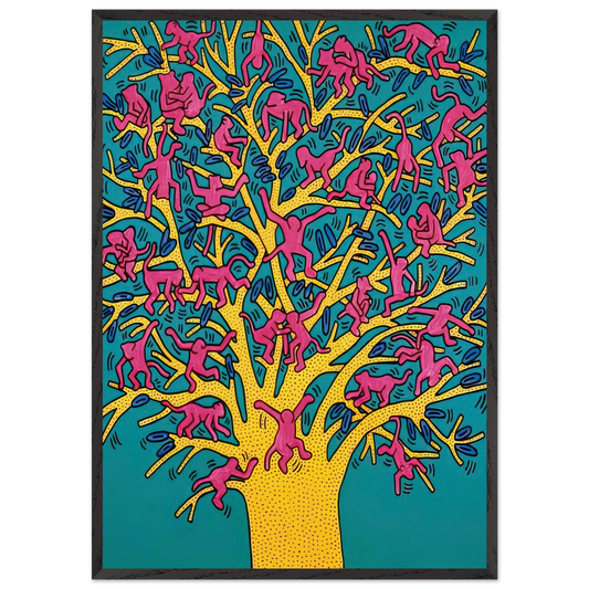 THE TREE OF MONKEYS N1 - Keith Haring 70x100 cm / 28x40 inches Framed Art Print – Black Wooden Frame | Keith Haring Art For Sale
