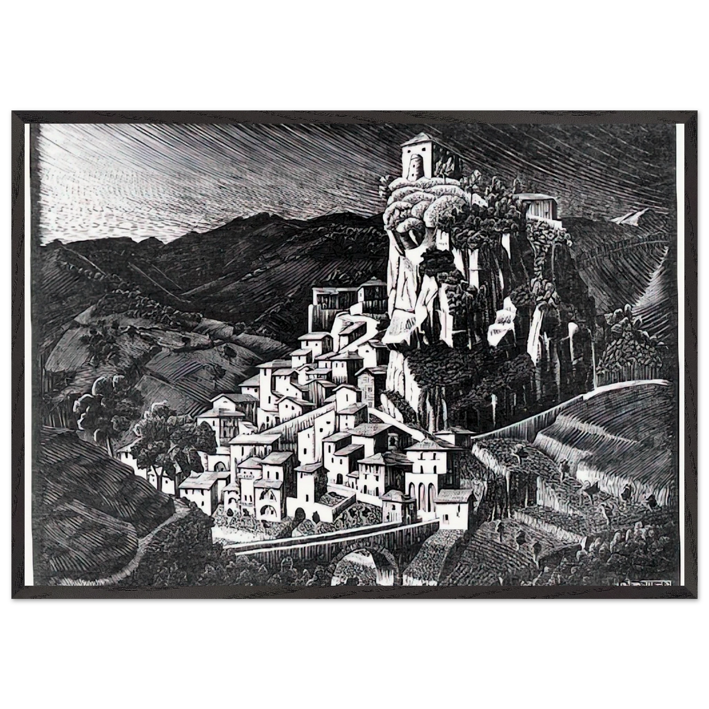 PALIZZI CALABRIA OCTOBER 1930 1930 - MC Escher 70x100 cm / 28x40 inches Framed Art Print – Black Wooden Frame | Maurits Cornelis Escher Prints