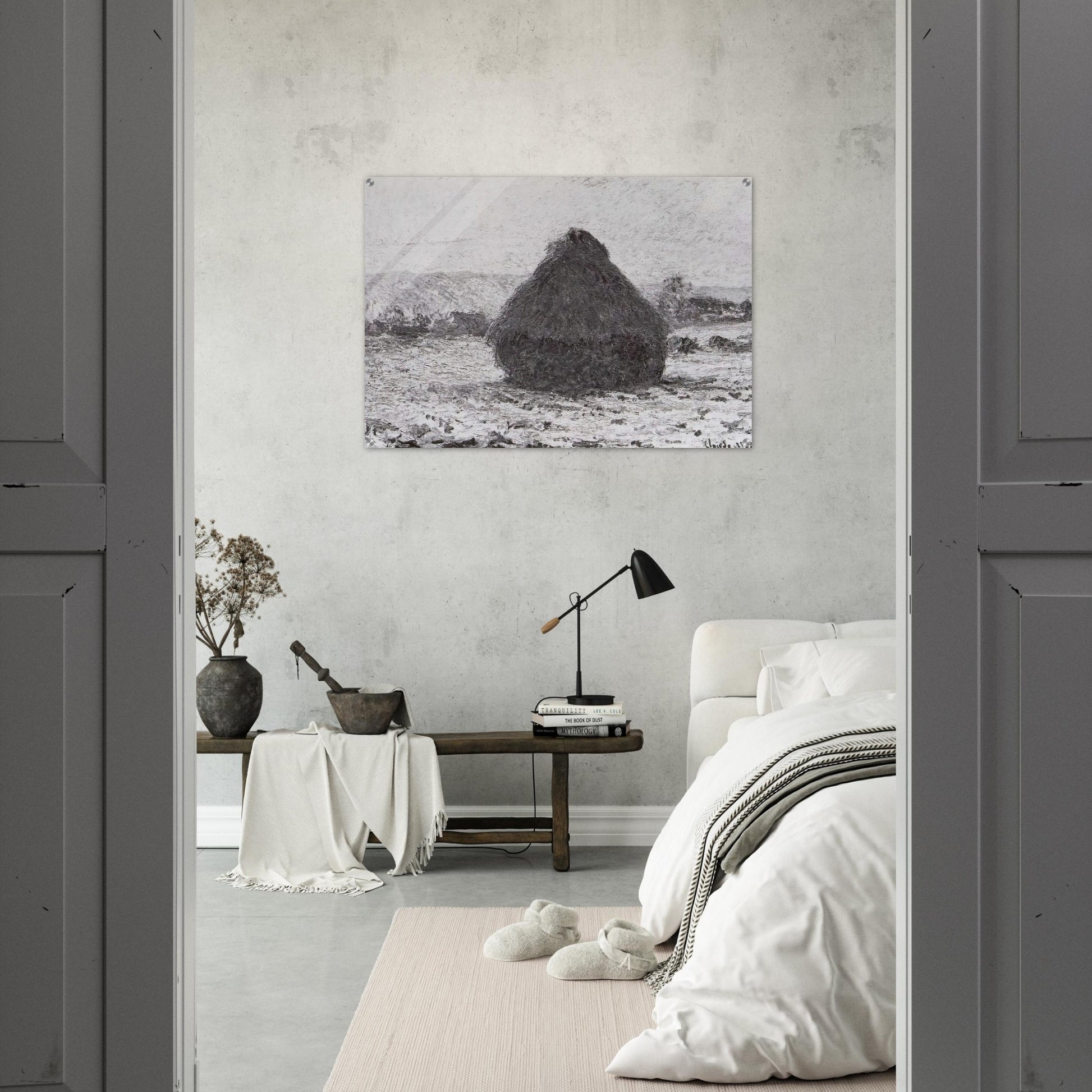 Grainstack in the Sunlight, Snow Effect - claude monet Acrylic Print - 70x100 cm / 28x40″ inches | claude monet Wall Art | claude monet Prints
