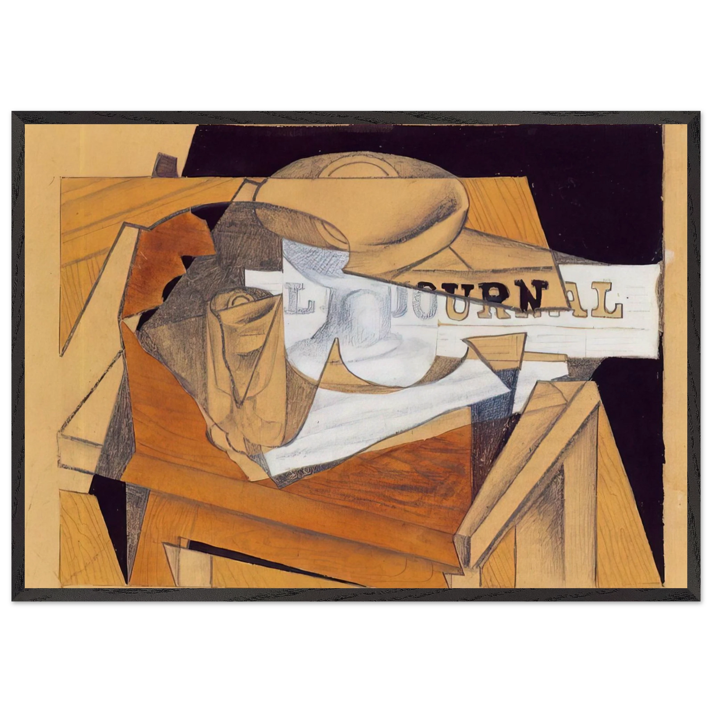 BOWL GLASS AND NEWSPAPER - Juan Gris 70x100 cm / 28x40 inches Framed Art Print – Black Wooden Frame
