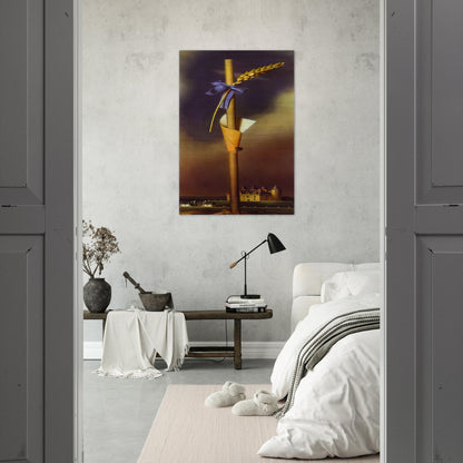BLUE KNOT AND EAR OF WHEAT NEXT TO THE CASTLE - Salvador Dali Brushed Aluminum Print - 70x100 cm / 28x40 inches | Salvador Dali Aluminum Print | Salvador Dali Prints