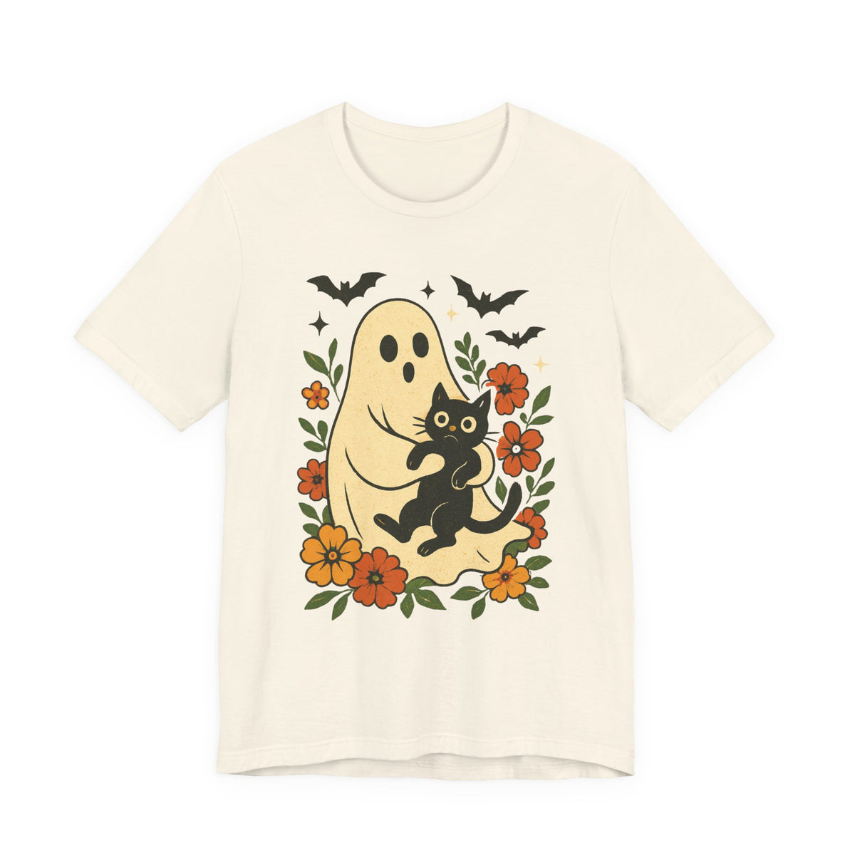 Fantôme effrayant tenant un chat noir Floral psychédélique Halloween