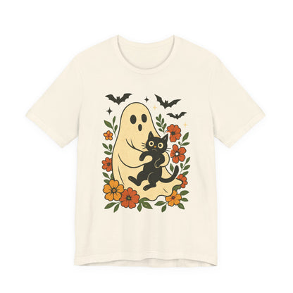 Fantôme effrayant tenant un chat noir Floral psychédélique Halloween