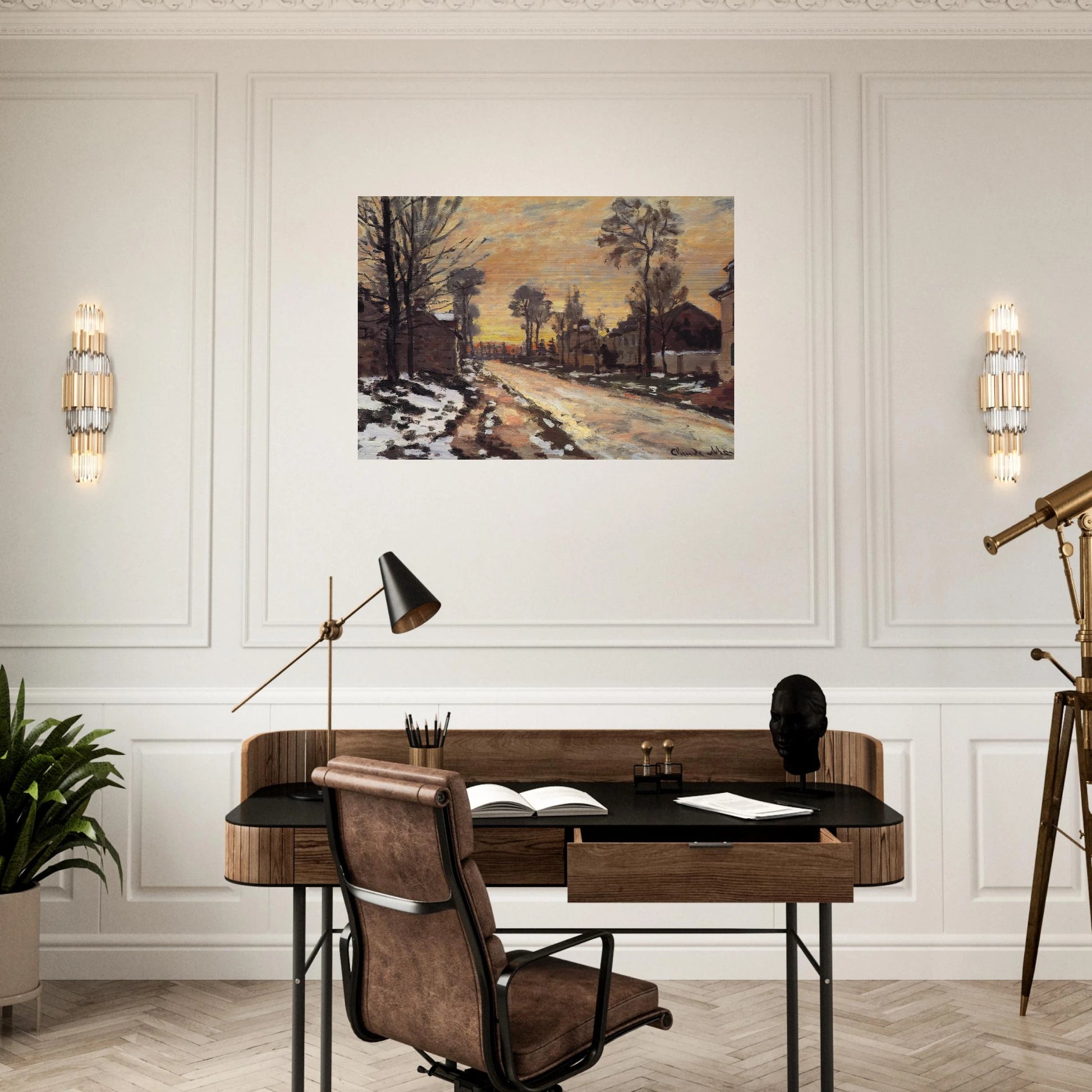 Road at Louveciennes, Melting Snow, Sunset - claude monet Brushed Aluminum Print - 70x100 cm / 28x40 inches | claude monet Aluminum Print | claude monet Prints