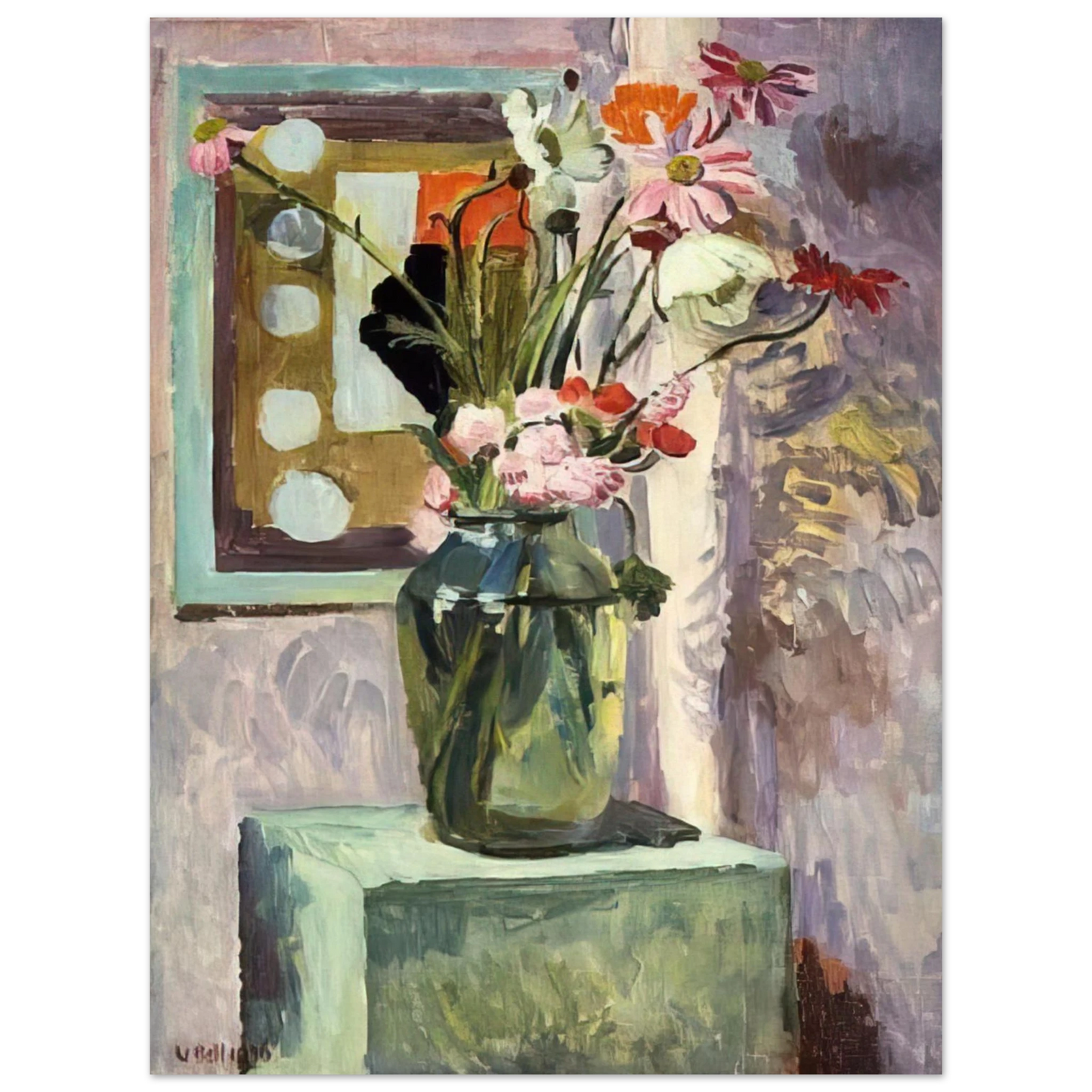 Vanessa Bell - FLOWERS IN A GLASS VASE WITH ABSTRACT NEEDLEWORK DESIGN  75x100 cm / 30x40inches Fine Art Poster