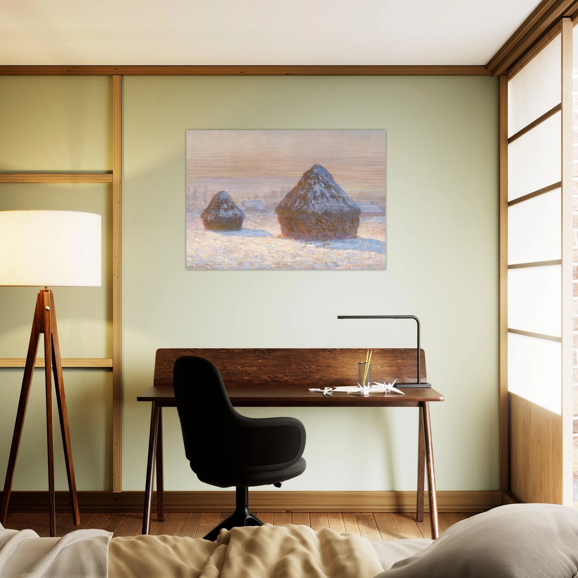 Wheatstacks, Snow Effect, Morning - claude monet Brushed Aluminum Print - 70x100 cm / 28x40 inches | claude monet Aluminum Print | claude monet Prints