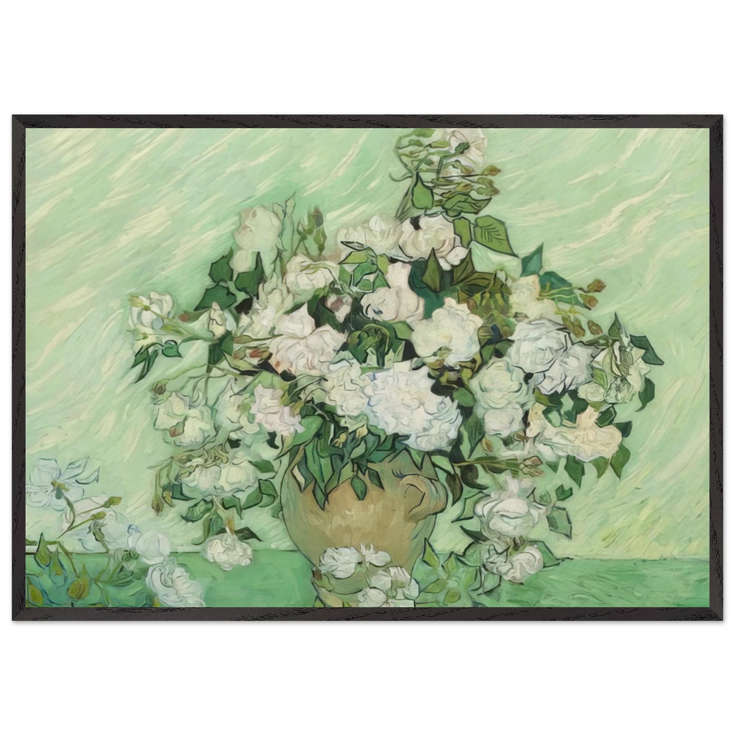 Vase with Pink Roses - Vincent van Gogh 70x100 cm / 28x40 inches Framed Art Print – Black Wooden Frame